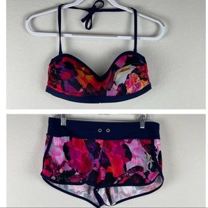 Athleta Red Blue Mystique Floral Swim Set Top Shorts